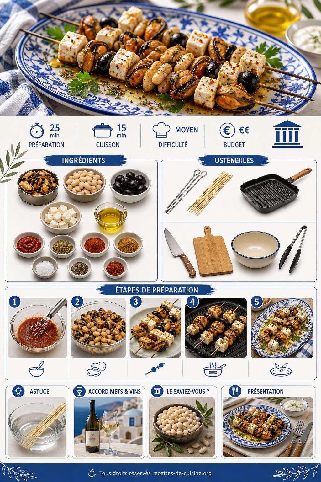 Fiche recette Recette de brochettes de moules aux haricots &agrave; la grecque