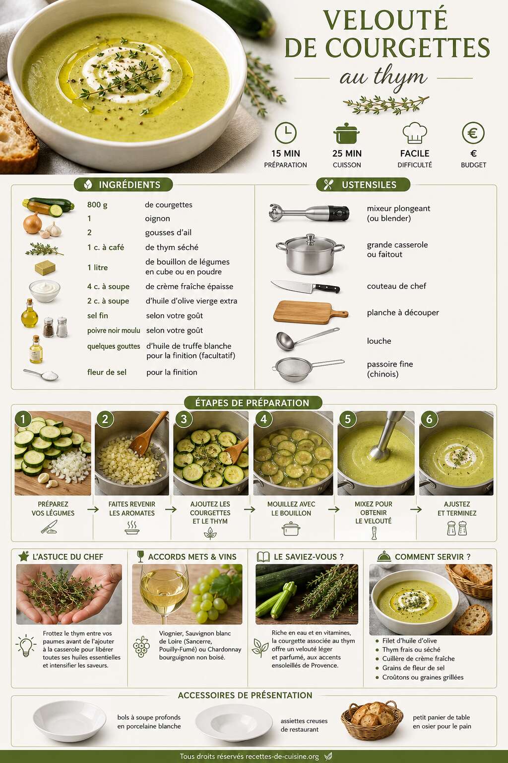 Fiche recette Recette du velouté de courgettes au thym Fiche recette Recette du velouté de courgettes au thym