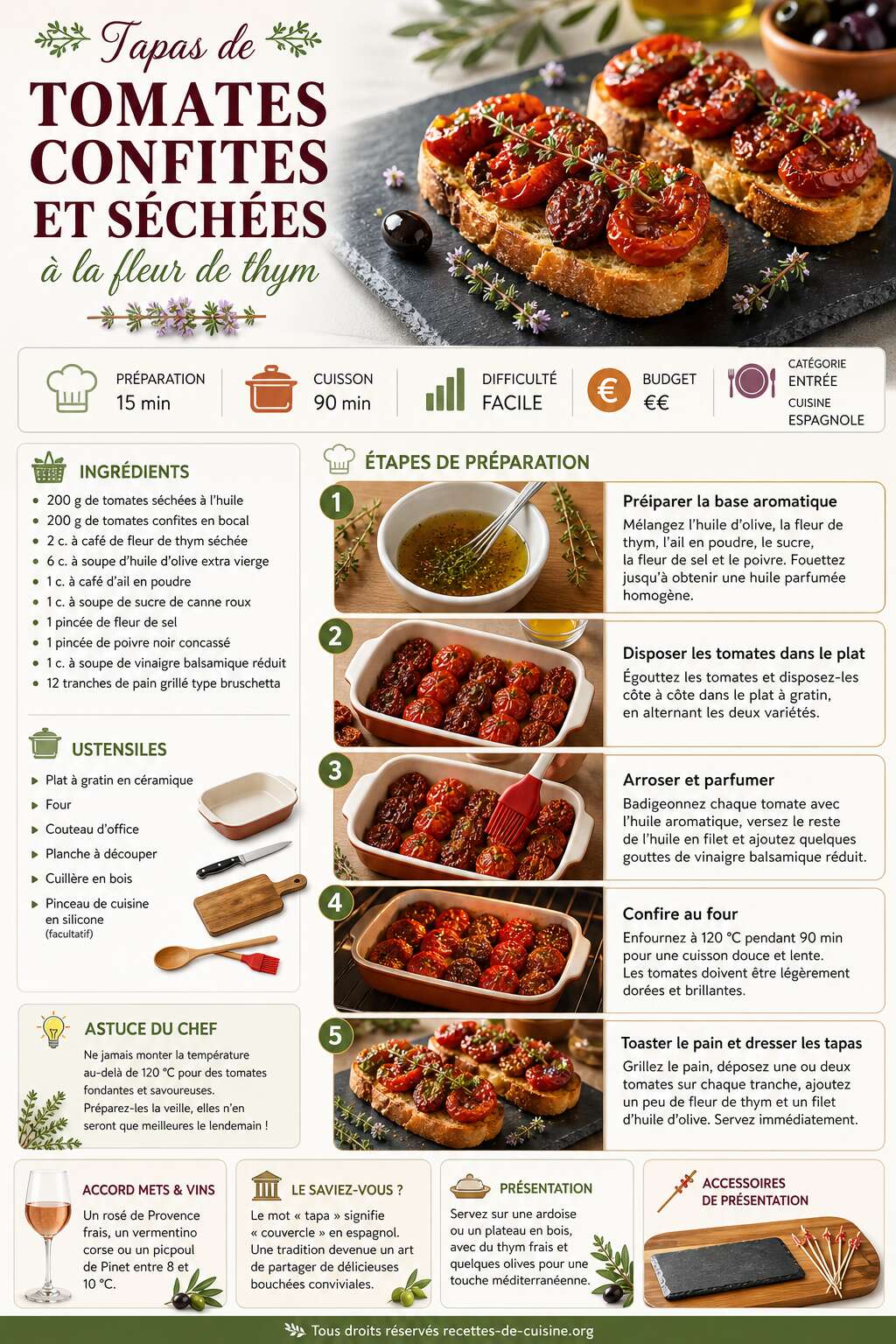 Fiche recette Tapas de tomates confites et séchées à la fleur de thym Fiche recette Tapas de tomates confites et séchées à la fleur de thym