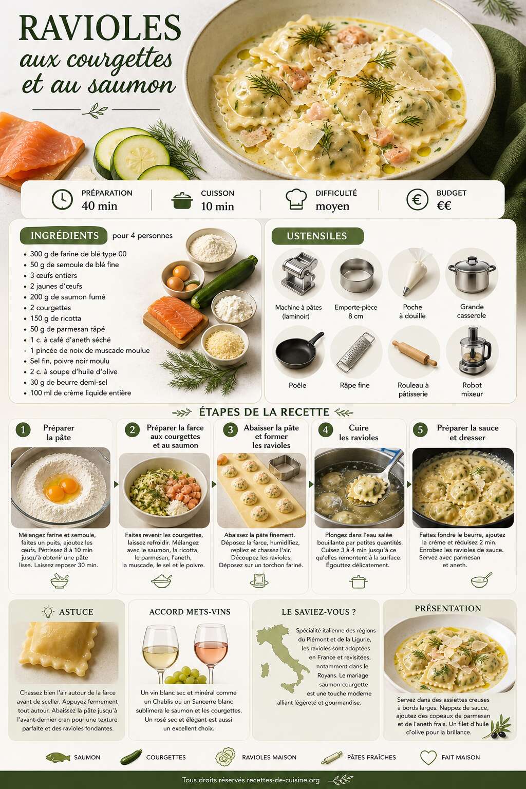 Fiche recette Recette de ravioles aux courgettes et au saumon
