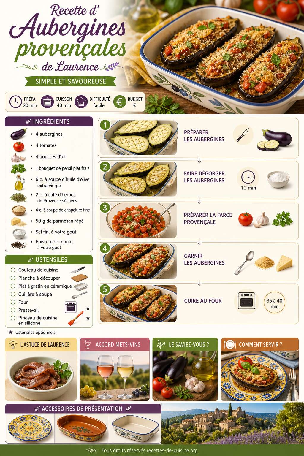 Fiche recette Recette d'aubergines provençales de Laurence : simple et savoureuse Fiche recette Recette d'aubergines provençales de Laurence : simple et savoureuse