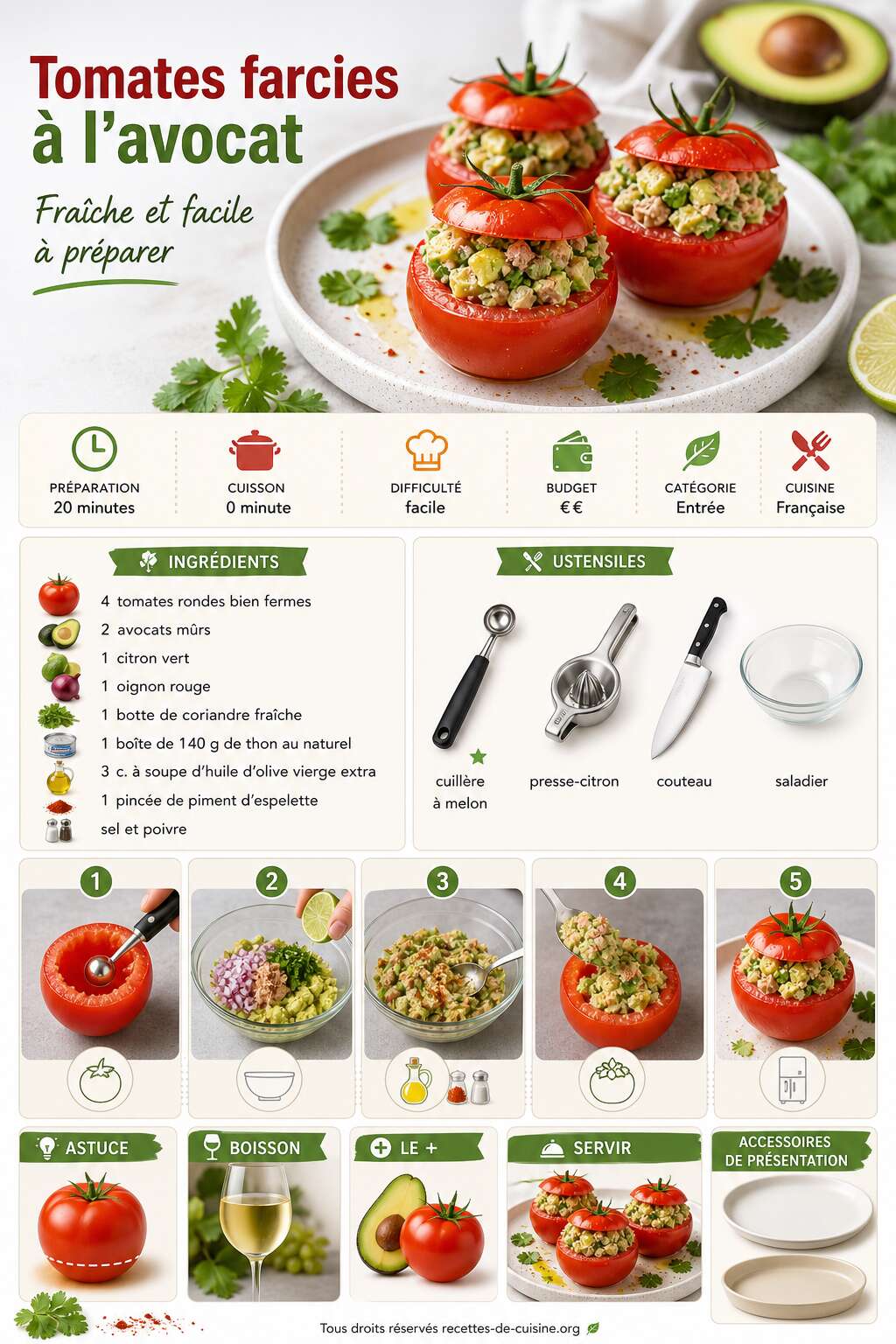 Fiche recette Recette de tomates farcies à l'avocat : fraîche et facile à préparer Fiche recette Recette de tomates farcies à l'avocat : fraîche et facile à préparer