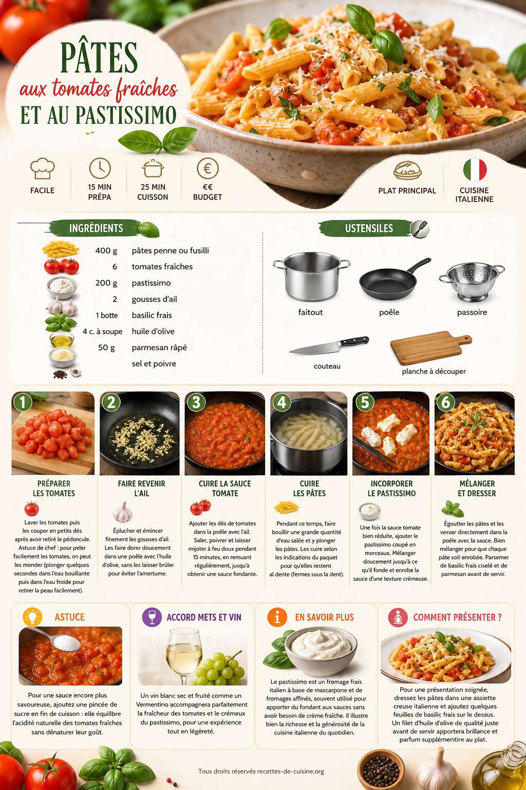 Fiche recette Recette de p&acirc;tes aux tomates fra&icirc;ches et au pastissimo