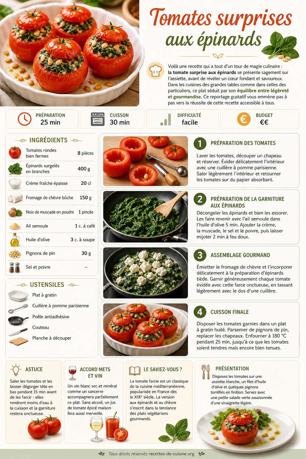 Fiche recette Recette de tomates surprises aux épinards Fiche recette Recette de tomates surprises aux épinards