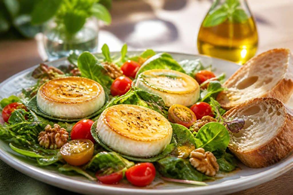 Recette de salade gourmande aux petits chèvres et au vinaigre au basilic de Maille