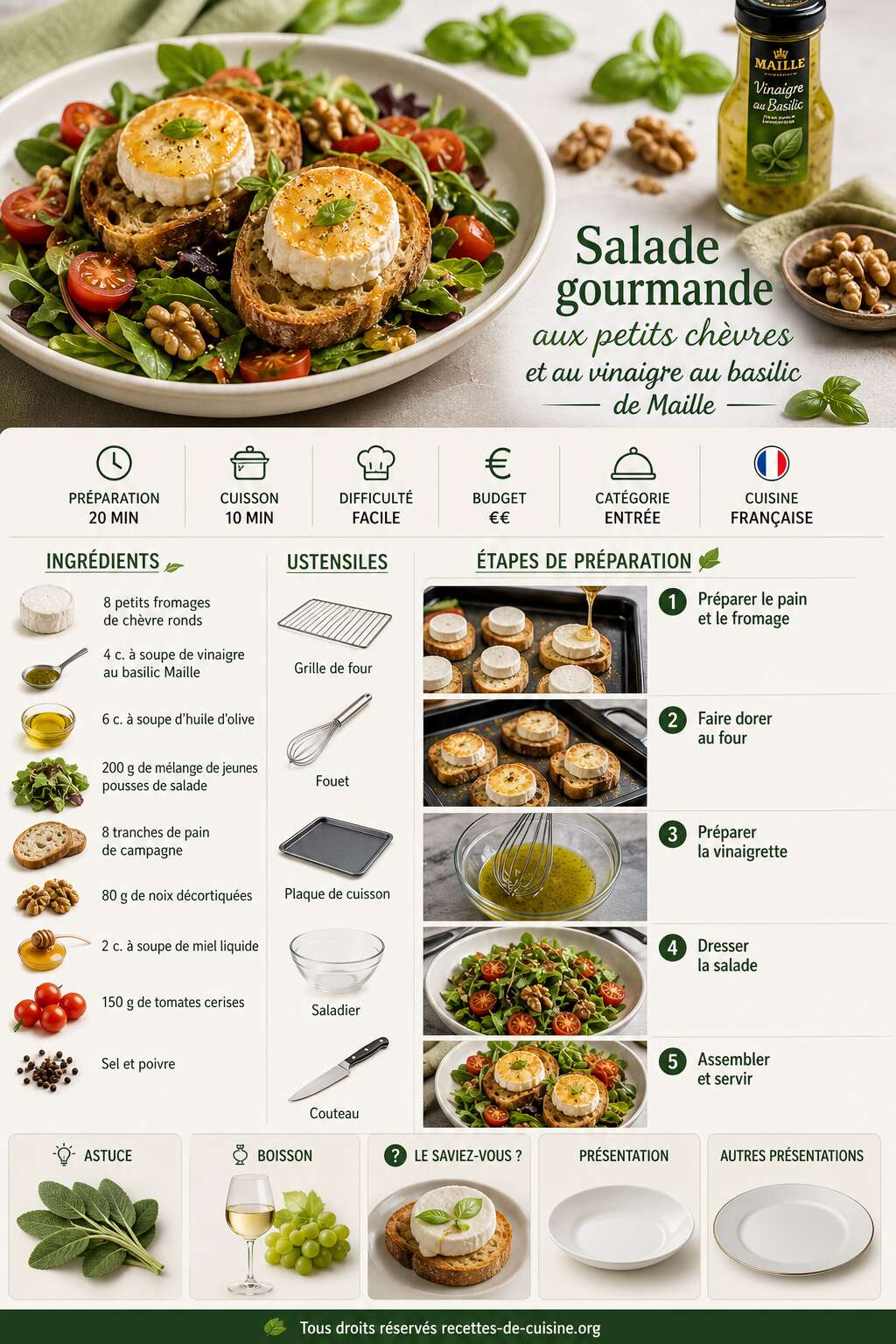 Fiche recette Recette de salade gourmande aux petits chèvres et au vinaigre au basilic de Maille Fiche recette Recette de salade gourmande aux petits chèvres et au vinaigre au basilic de Maille