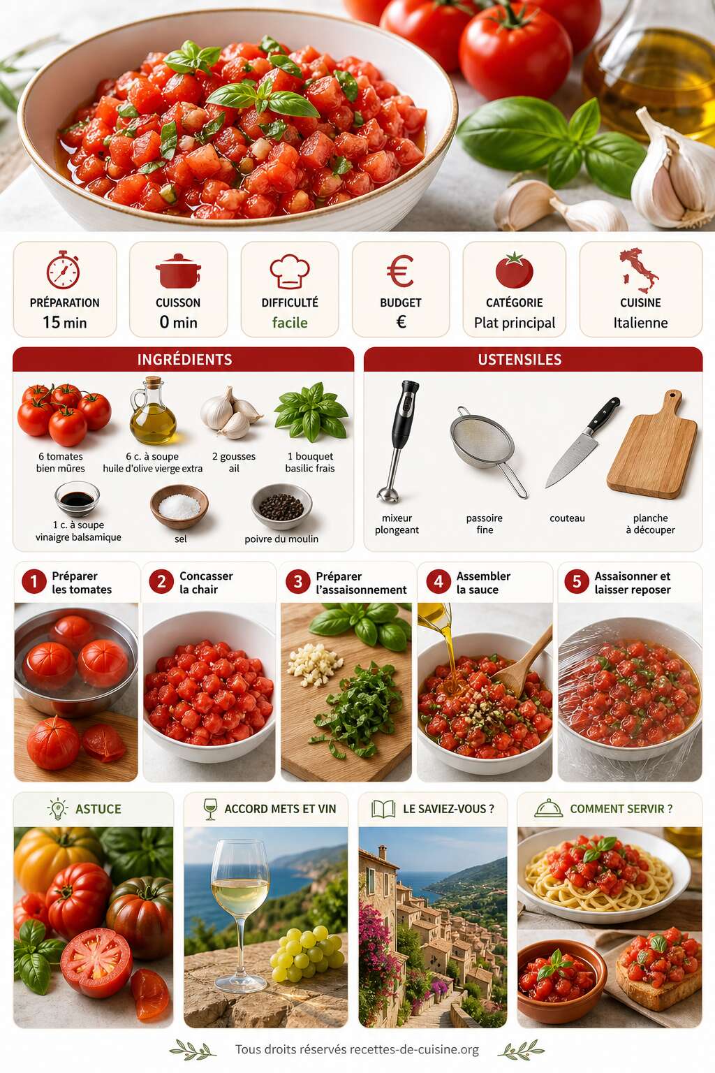 Fiche recette Recette de sauce à la tomate crue : fraîche et savoureuse Fiche recette Recette de sauce à la tomate crue : fraîche et savoureuse