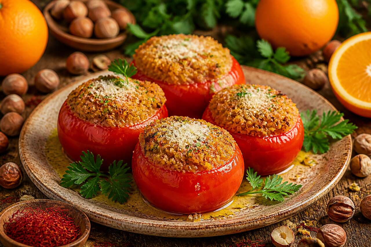Recette de tomates farcies aux avelines et caramel d'orange au safran