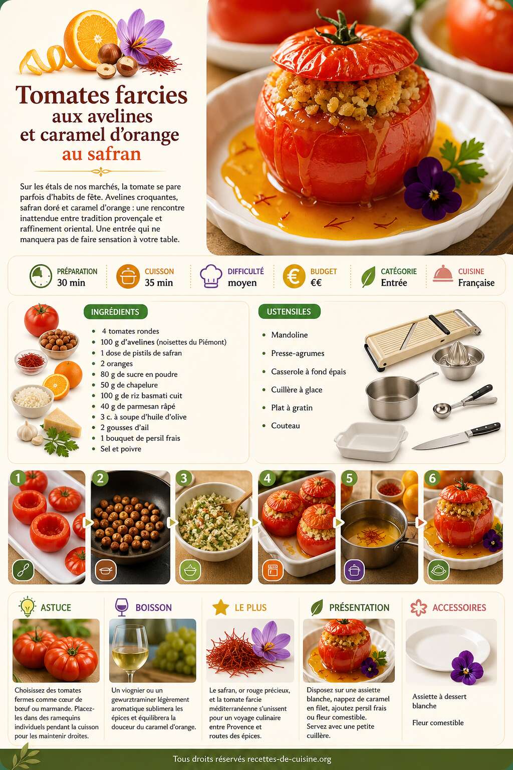 Fiche recette Recette de tomates farcies aux avelines et caramel d'orange au safran Fiche recette Recette de tomates farcies aux avelines et caramel d'orange au safran