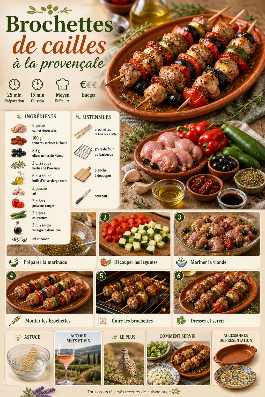 Fiche recette Recette de brochettes de cailles à la provençale Fiche recette Recette de brochettes de cailles à la provençale