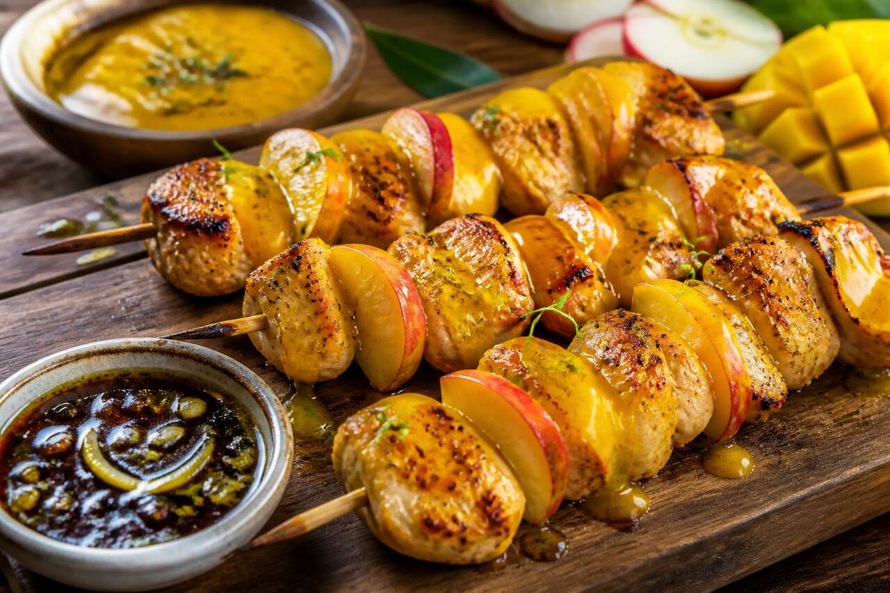 Recette de brochettes de poulet aux pommes et sauce mangue