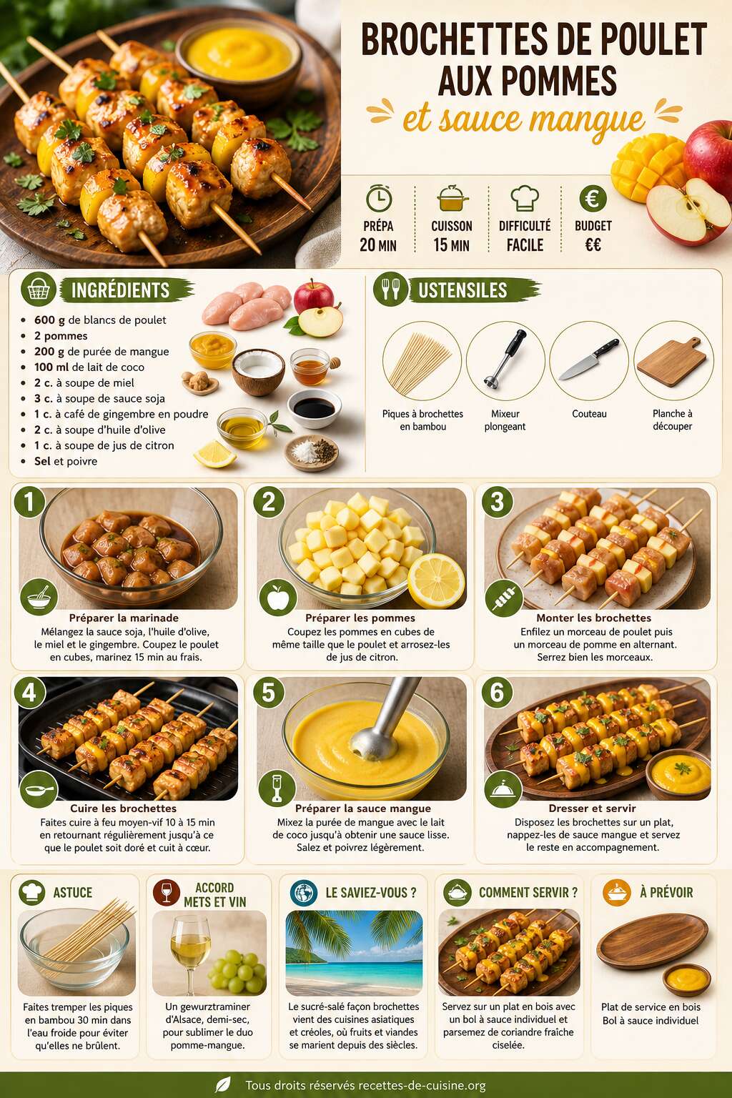 Fiche recette Recette de brochettes de poulet aux pommes et sauce mangue Fiche recette Recette de brochettes de poulet aux pommes et sauce mangue