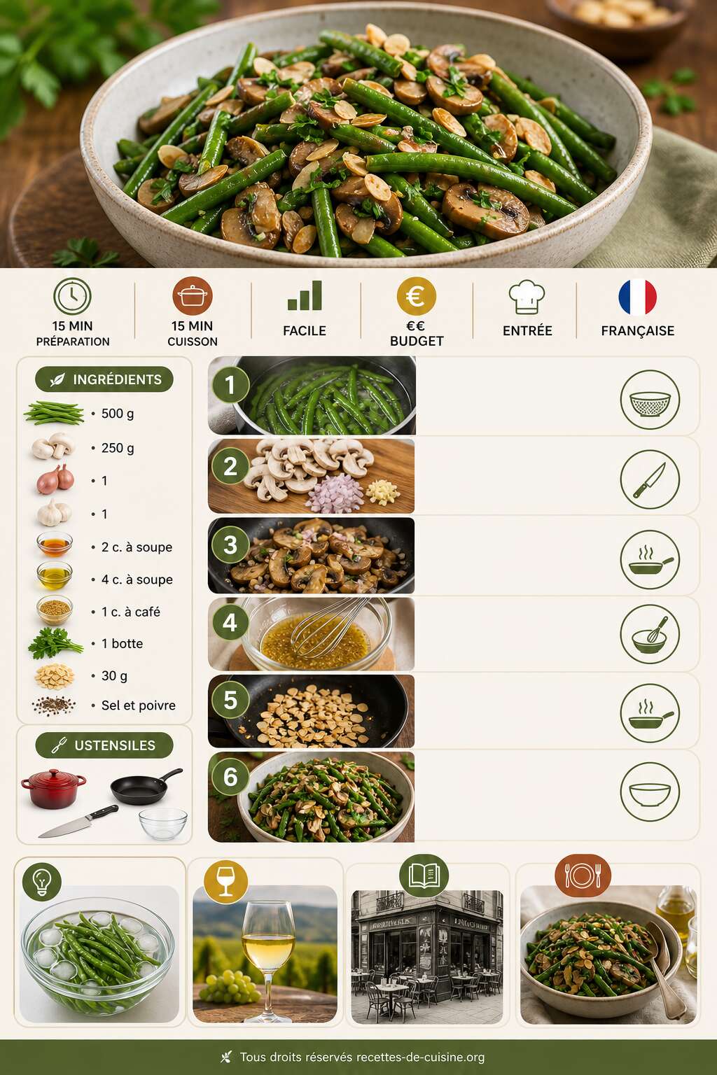 Fiche recette Salade de haricots verts tièdes et champignons : une recette simple et savoureuse Fiche recette Salade de haricots verts tièdes et champignons : une recette simple et savoureuse