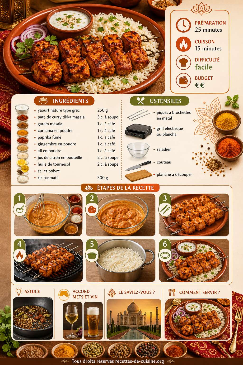 Fiche recette Recette de brochettes tikka : saveurs indiennes au rendez-vous Fiche recette Recette de brochettes tikka : saveurs indiennes au rendez-vous