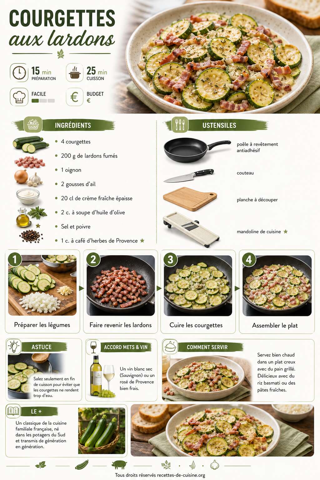 Fiche recette Recette facile de courgettes aux lardons