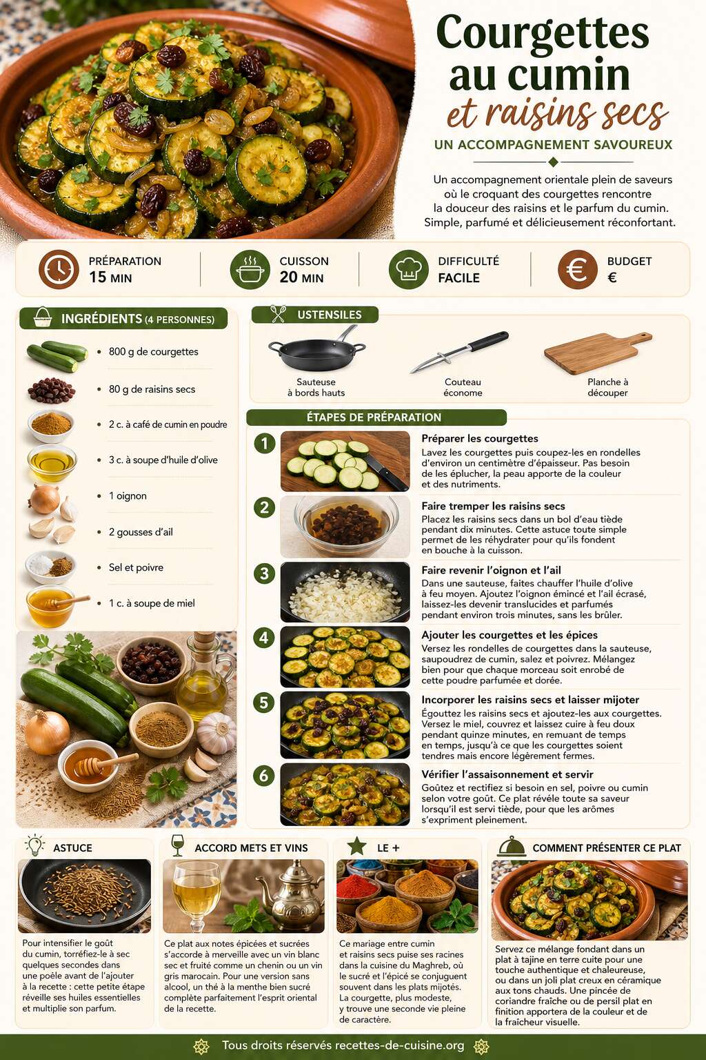 Fiche recette Recette de courgettes au cumin et raisins secs : un accompagnement savoureux Fiche recette Recette de courgettes au cumin et raisins secs : un accompagnement savoureux