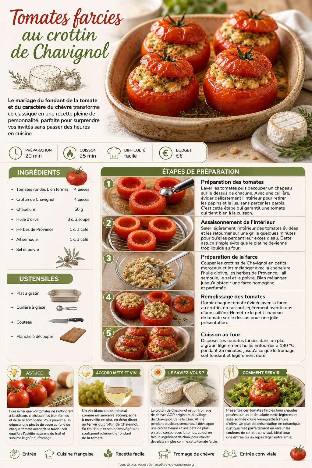 Fiche recette Recette de tomates farcies au crottin de Chavignol Fiche recette Recette de tomates farcies au crottin de Chavignol