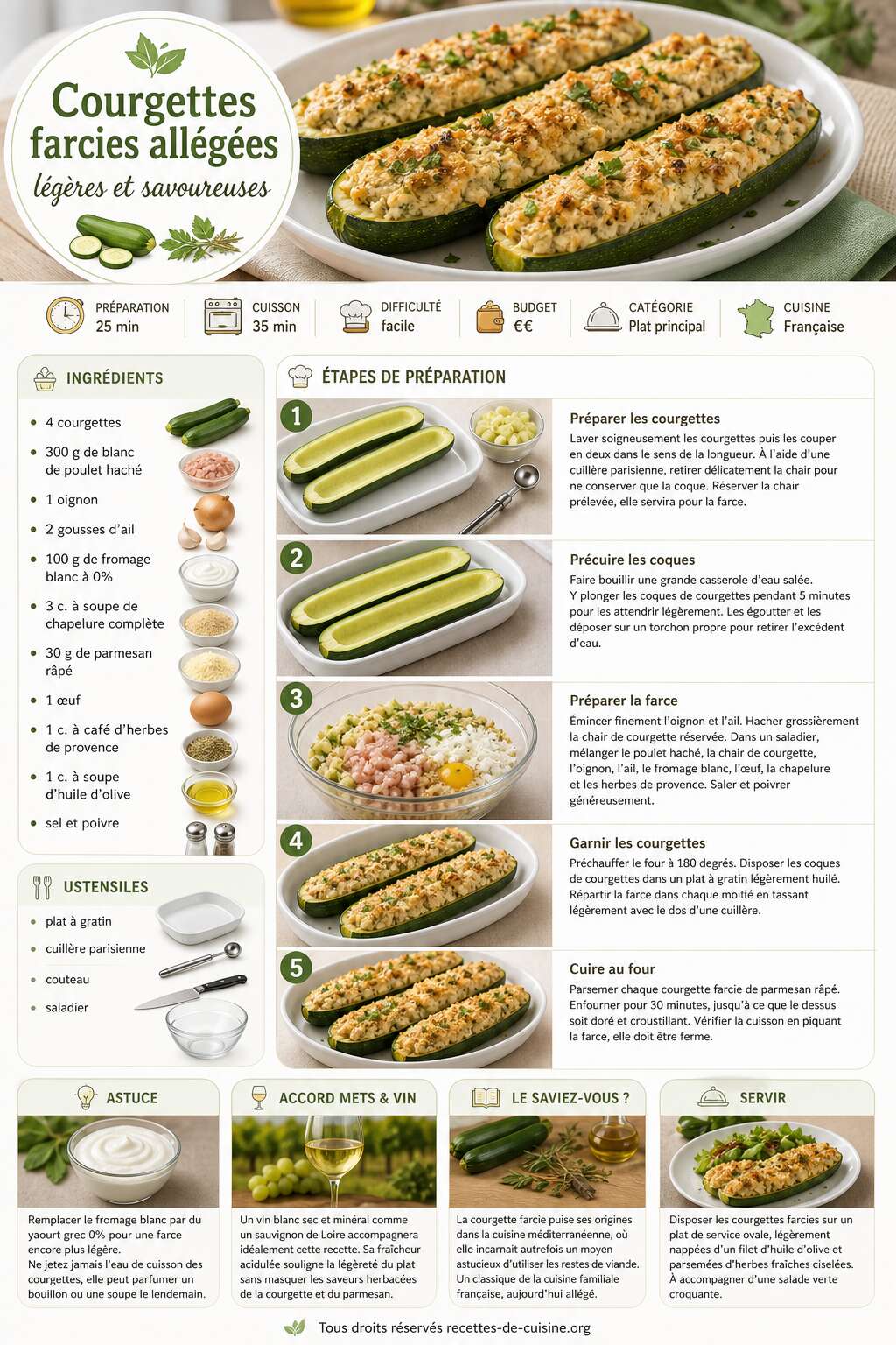 Fiche recette Recette de courgettes farcies allégées : légères et savoureuses Fiche recette Recette de courgettes farcies allégées : légères et savoureuses