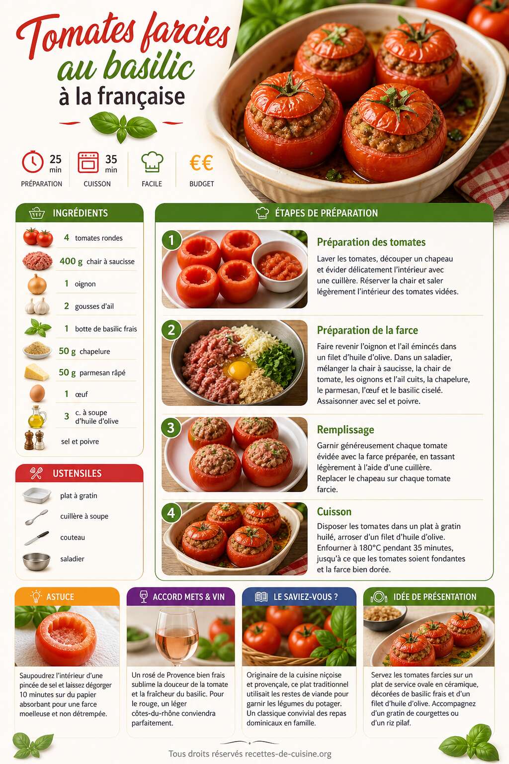 Fiche recette Recette de tomates farcies au basilic à la française Fiche recette Recette de tomates farcies au basilic à la française