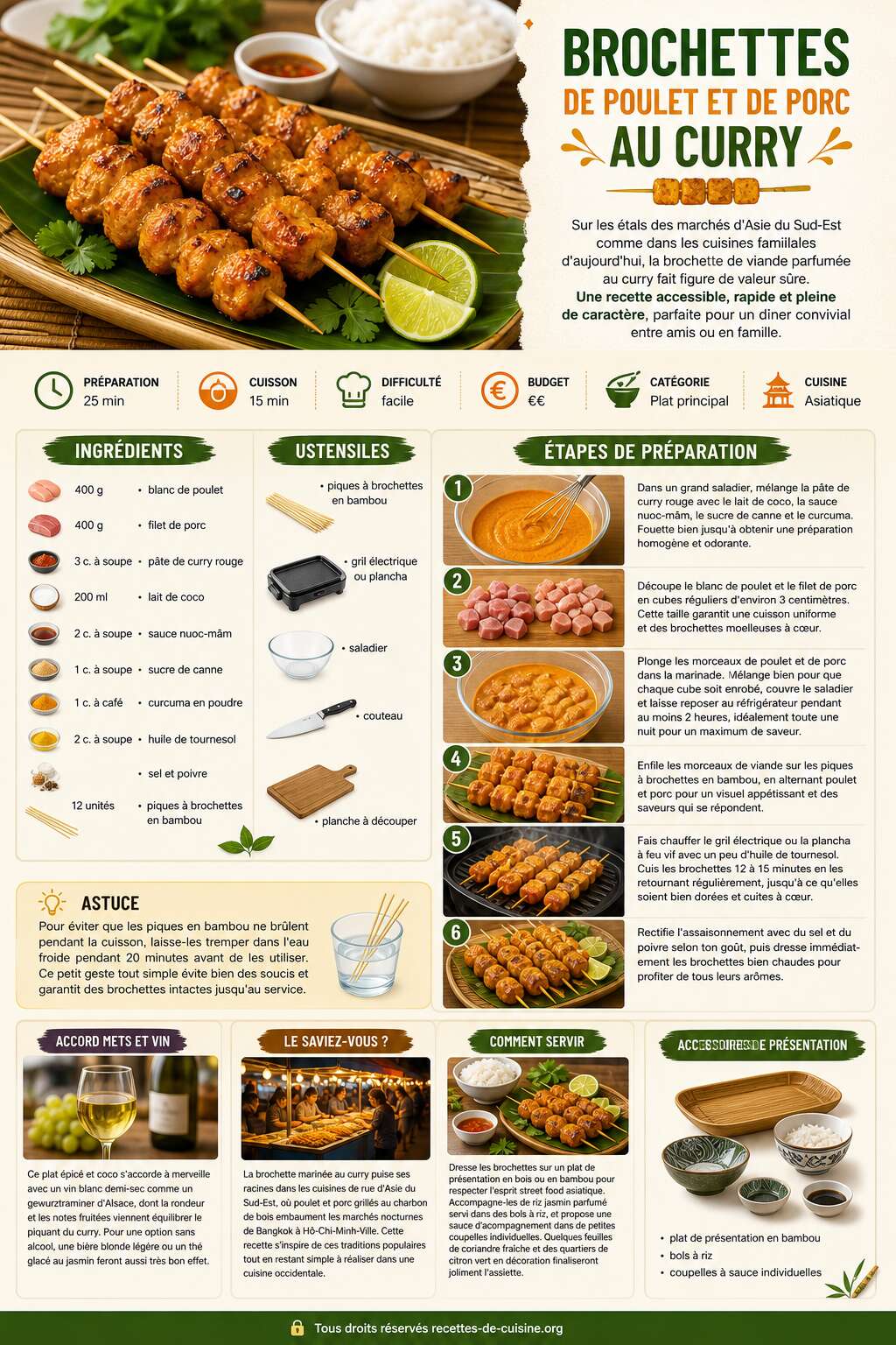 Fiche recette Recette de brochettes de poulet et de porc au curry Fiche recette Recette de brochettes de poulet et de porc au curry