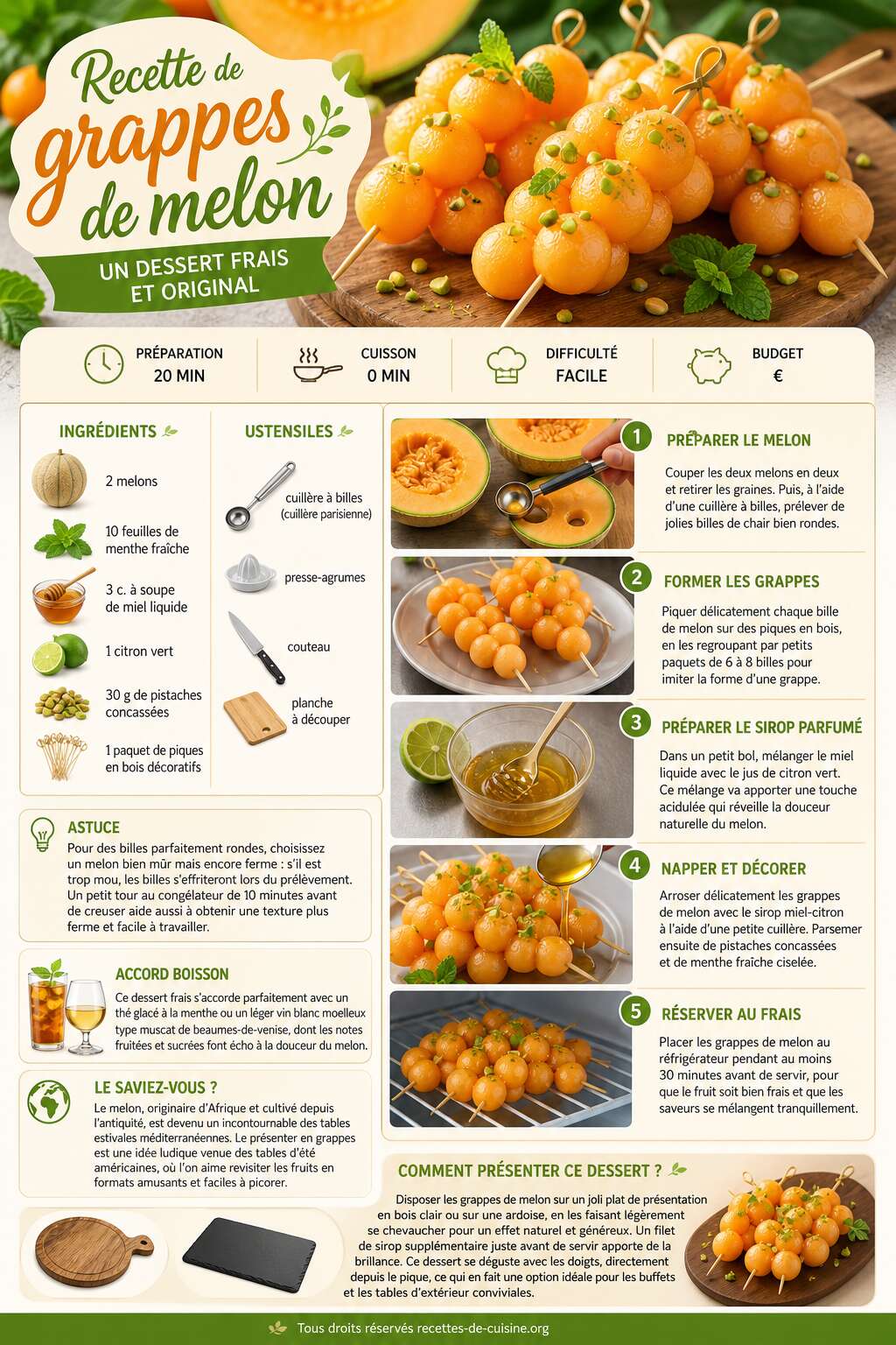 Fiche recette Recette de grappes de melon : un dessert frais et original