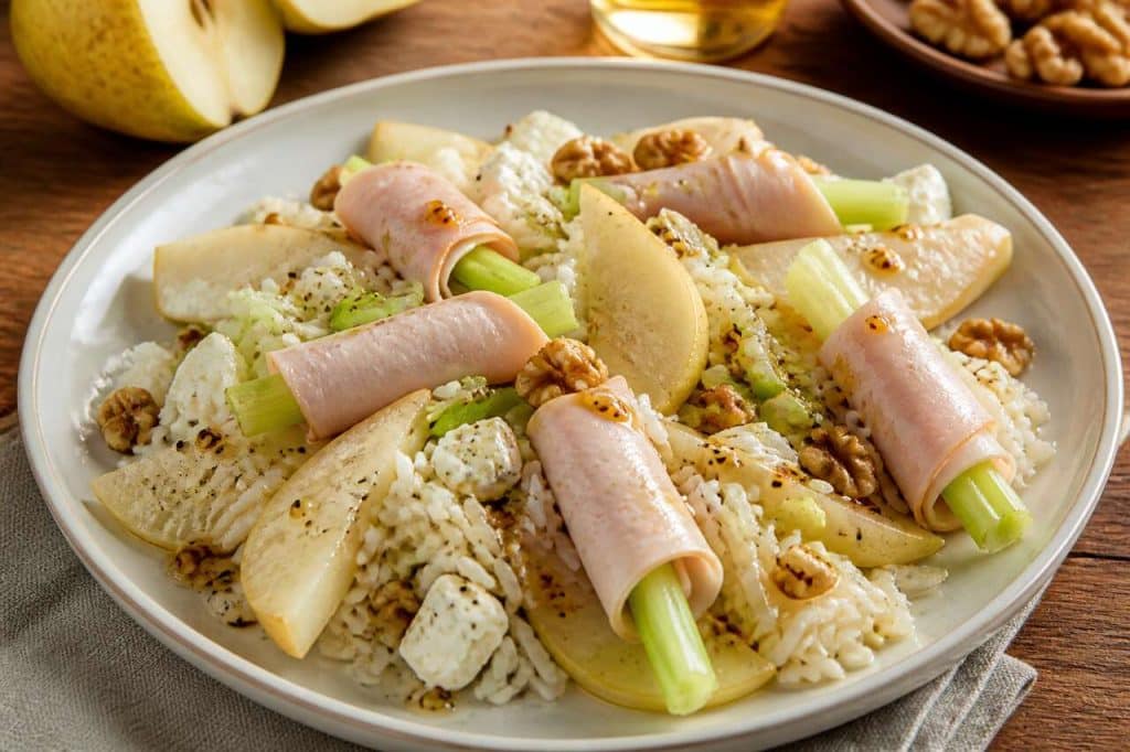 Salade de riz aux poires et roulades de jambon au céleri : une recette fraîche et gourmande