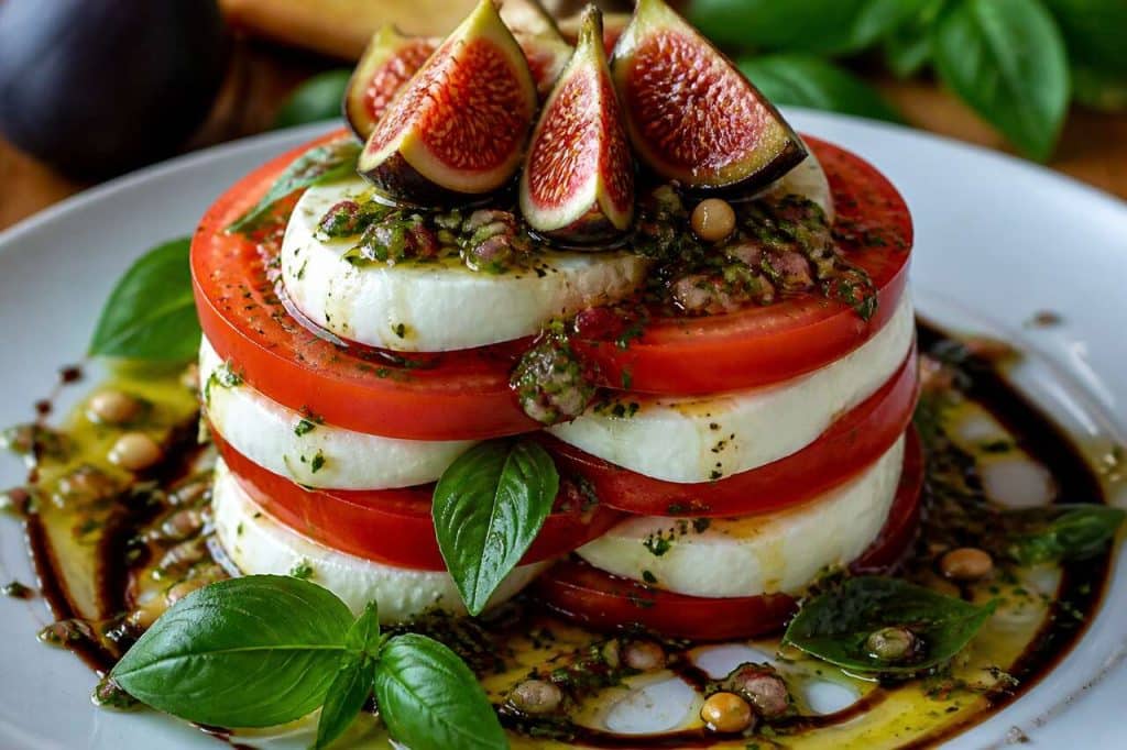 Millefeuilles de tomates mozzarella aux figues et sauce vierge : une recette fraîche et gourmande