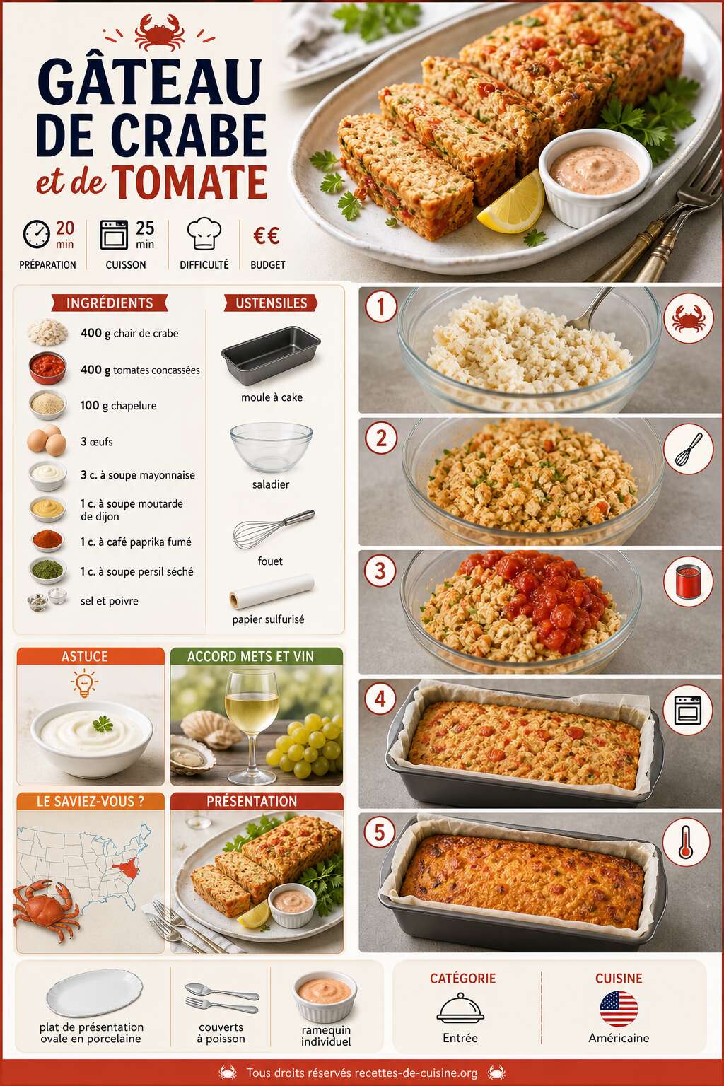 Fiche recette Recette de g&acirc;teau de crabe et de tomate facile et savoureux