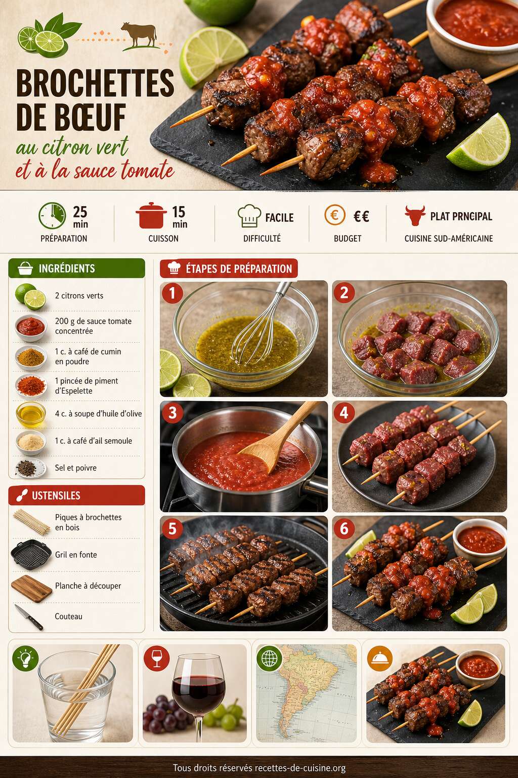 Fiche recette Recette de brochettes de bœuf au citron vert et à la sauce tomate Fiche recette Recette de brochettes de bœuf au citron vert et à la sauce tomate