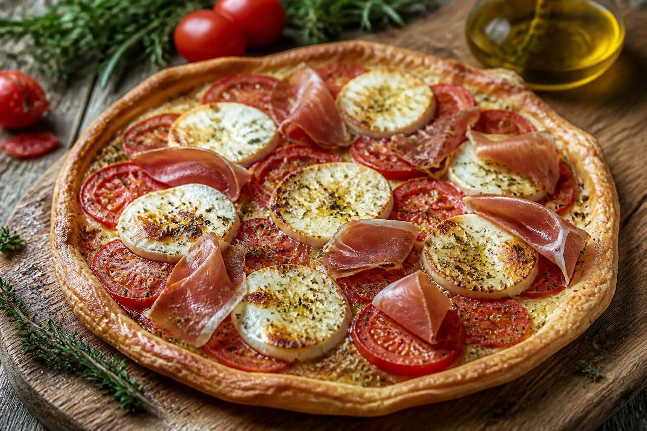 Fine tarte à la tomme de chèvre des Pyrénées, tomates crues et jambon