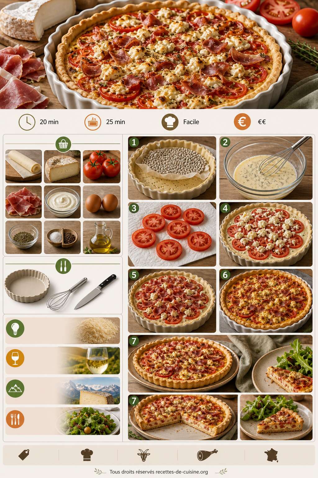 Fiche recette Fine tarte &agrave; la tomme de ch&egrave;vre des Pyr&eacute;n&eacute;es, tomates crues et jambon