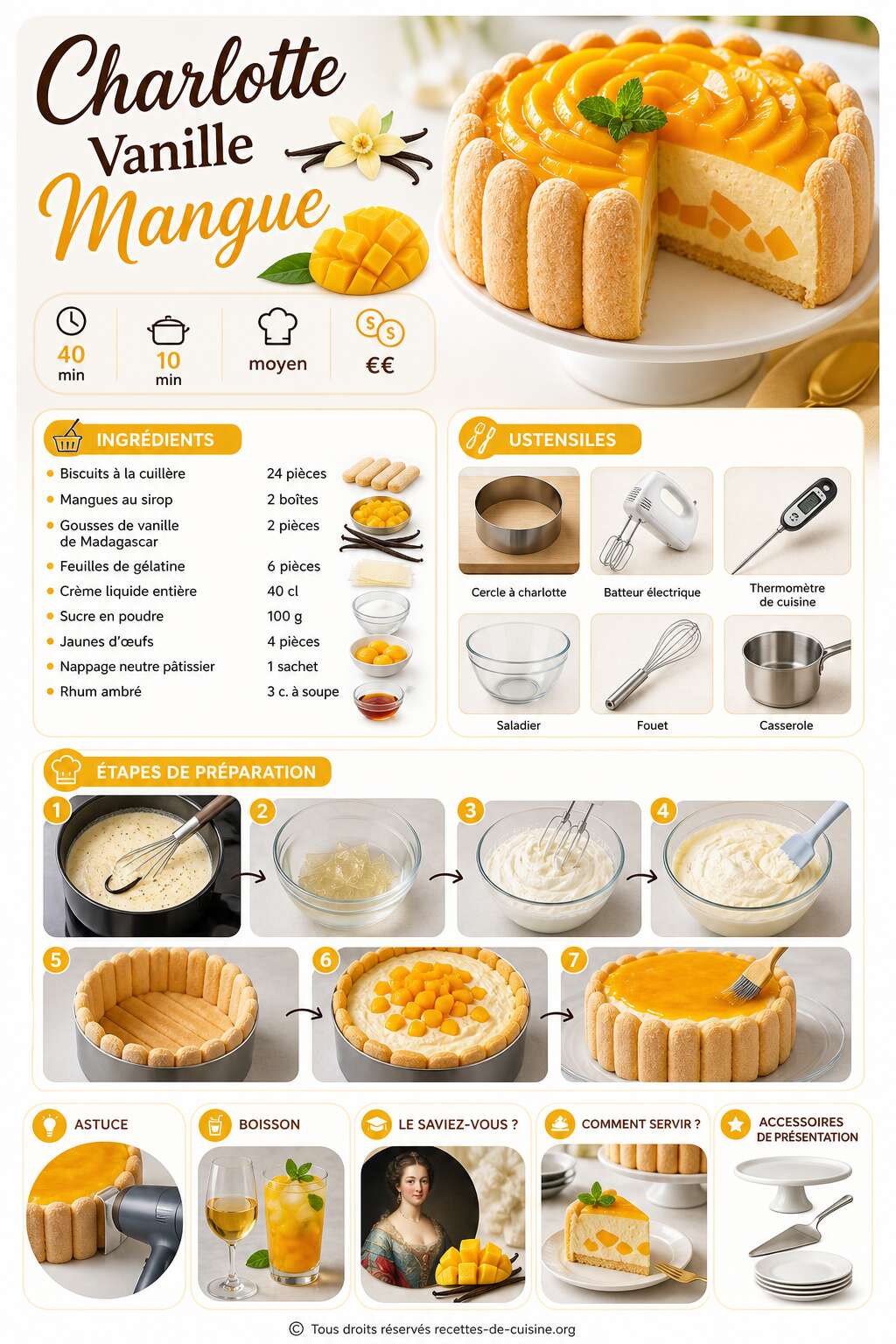 Fiche recette Recette de charlotte vanille mangue Fiche recette Recette de charlotte vanille mangue