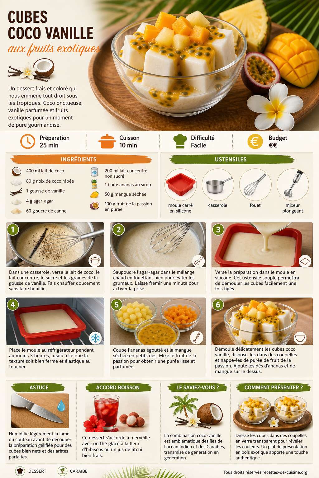 Fiche recette Recette de cubes coco vanille aux fruits exotiques