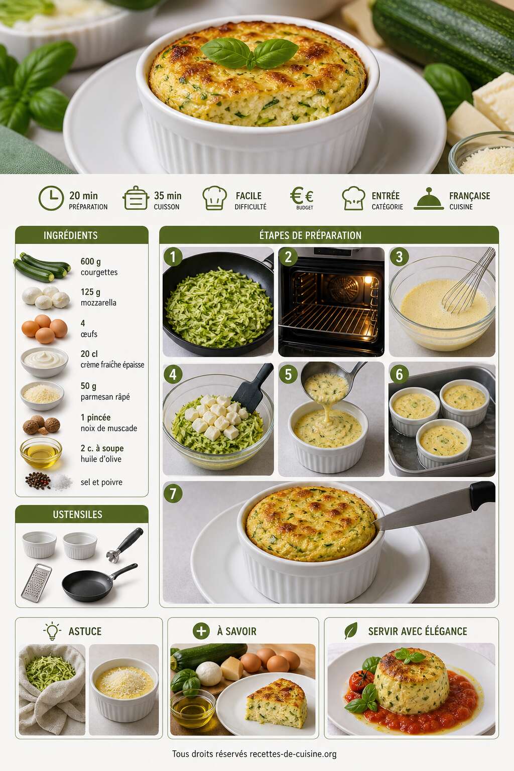 Fiche recette Recette facile de flans de courgettes et mozzarella Fiche recette Recette facile de flans de courgettes et mozzarella