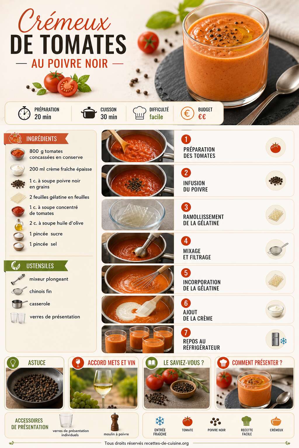 Fiche recette Recette du crémeux de tomates au poivre noir Fiche recette Recette du crémeux de tomates au poivre noir