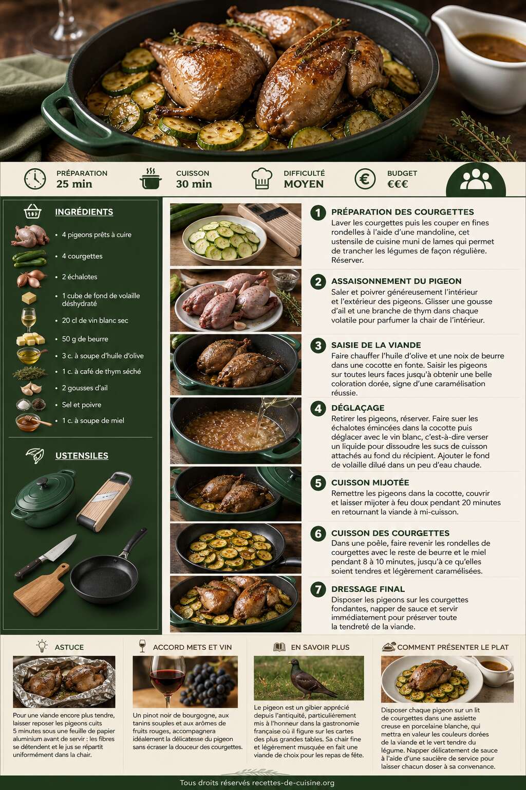 Fiche recette Recette de pigeon aux courgettes : un plat savoureux et raffiné Fiche recette Recette de pigeon aux courgettes : un plat savoureux et raffiné