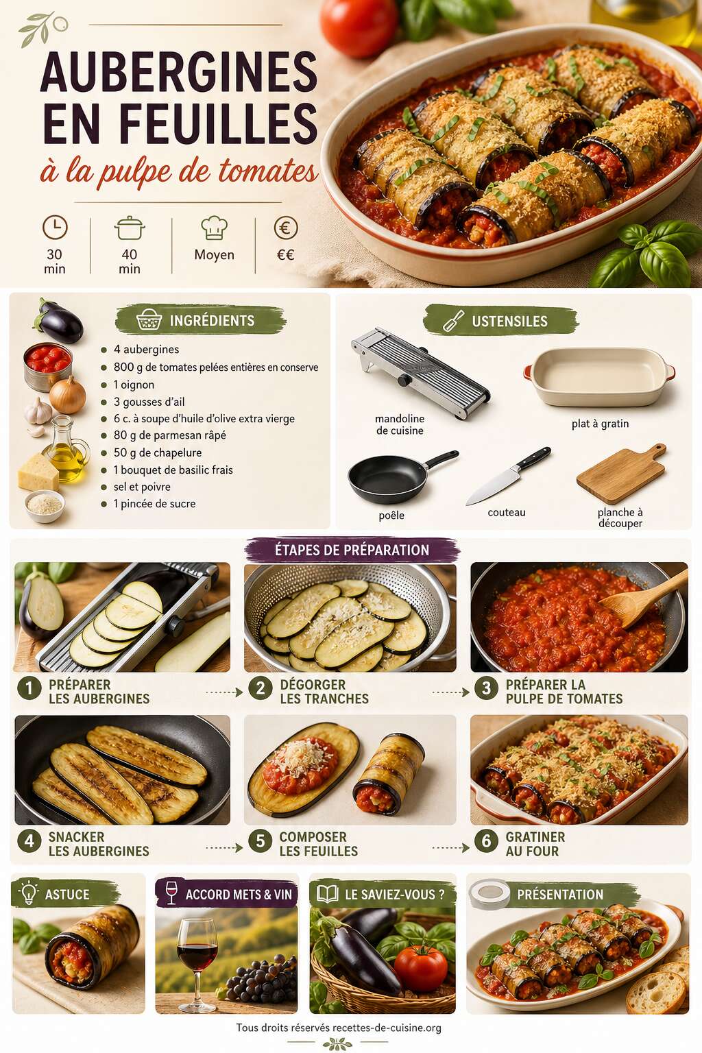 Fiche recette Recette d'aubergines en feuilles à la pulpe de tomates Fiche recette Recette d'aubergines en feuilles à la pulpe de tomates