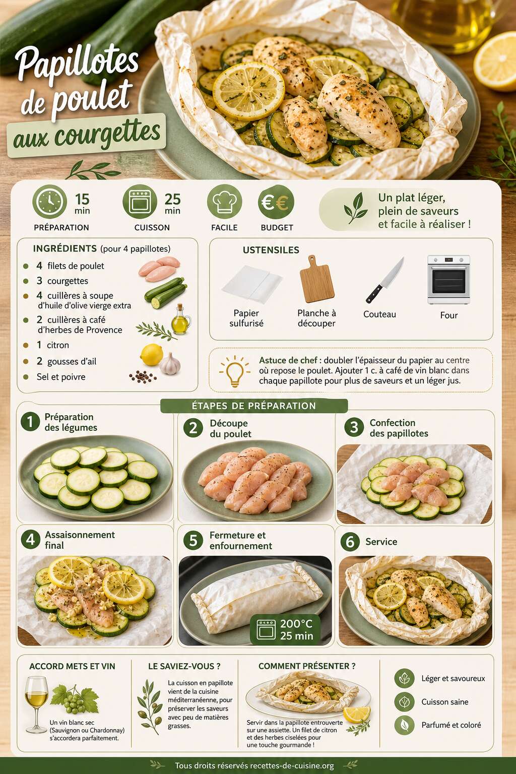 Fiche recette Recette facile de papillotes de poulet aux courgettes Fiche recette Recette facile de papillotes de poulet aux courgettes