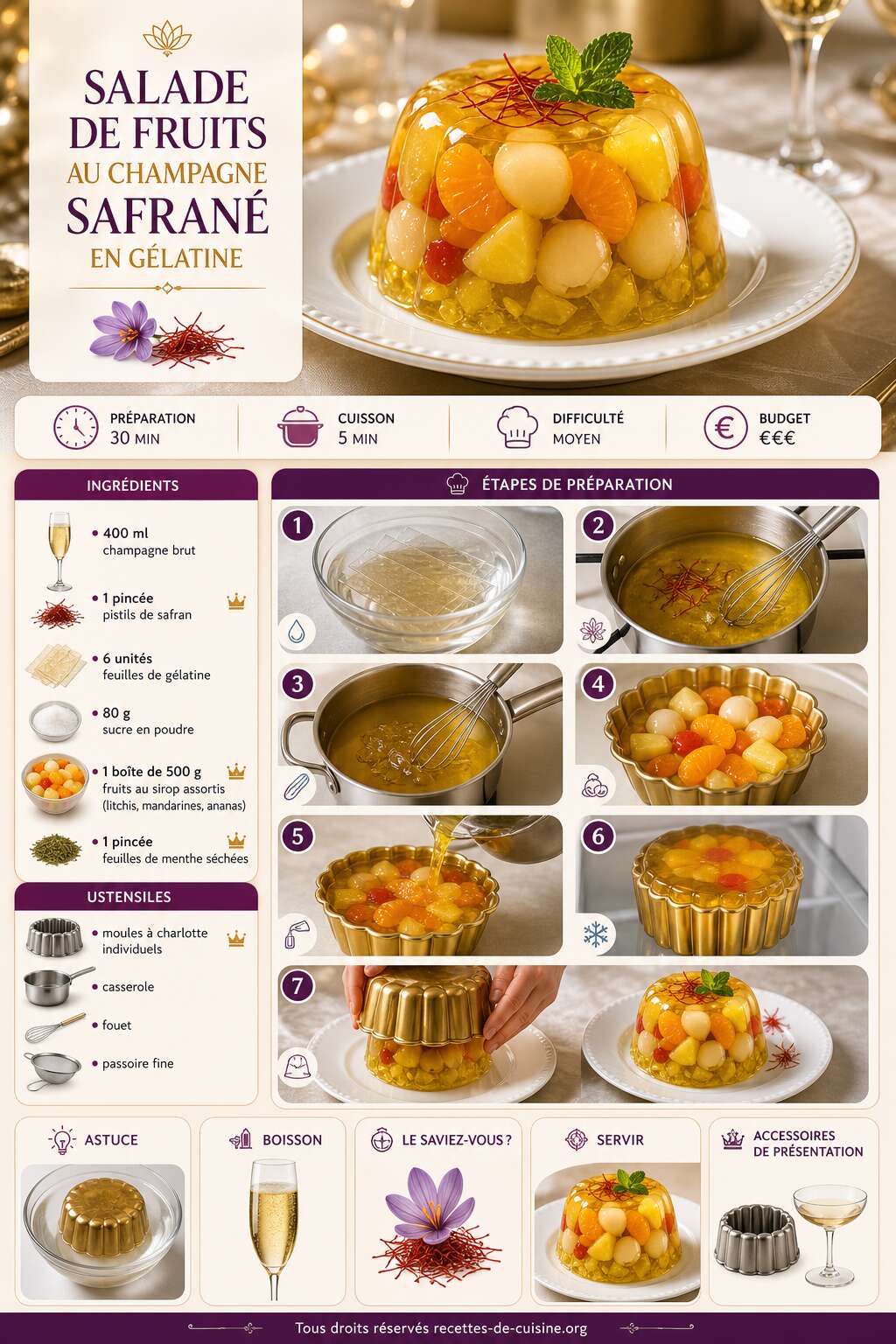 Fiche recette Recette de salade de fruits au champagne safrané en gélatine Fiche recette Recette de salade de fruits au champagne safrané en gélatine