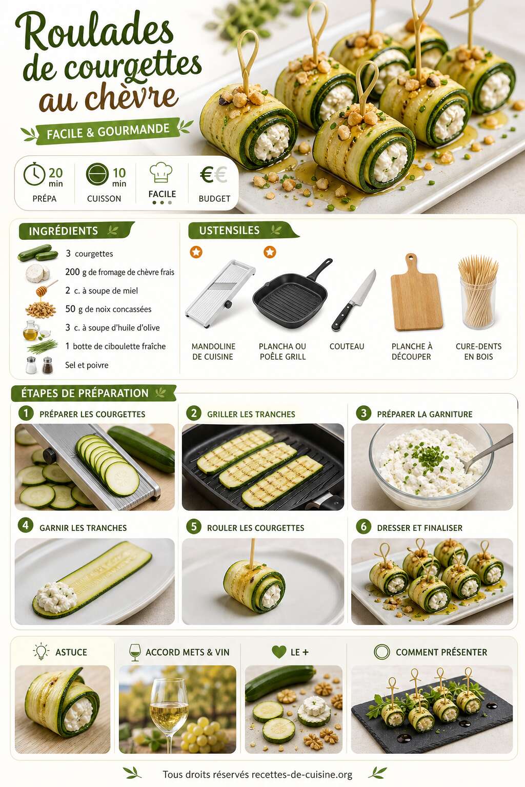 Fiche recette Roulades de courgettes au ch&egrave;vre : la recette facile et gourmande