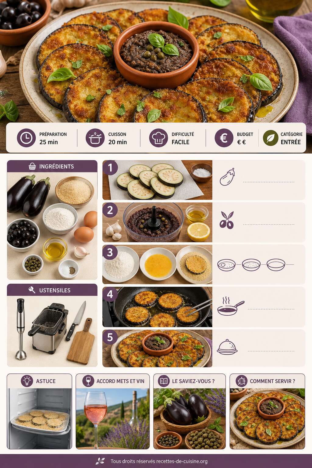 Fiche recette Recette d'aubergines pan&eacute;es &agrave; la pur&eacute;e d'olives noires