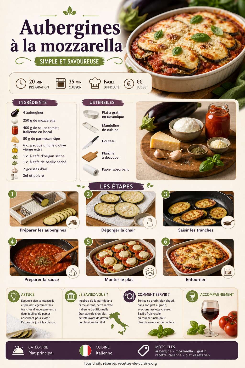 Fiche recette Recette d'aubergines &agrave; la mozzarella : simple et savoureuse