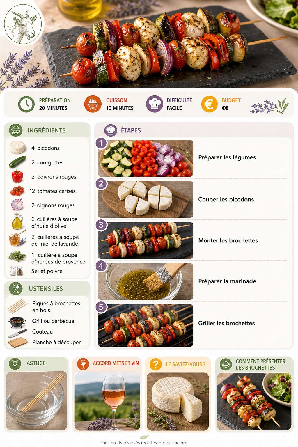 Fiche recette Recette de brochettes de picodons aux l&eacute;gumes