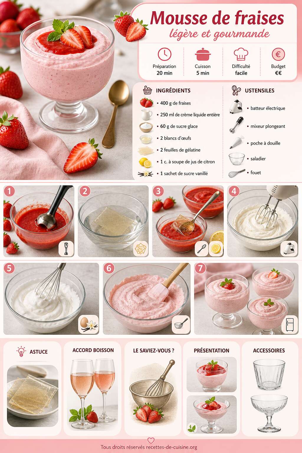 Fiche recette Recette de mousse de fraises légère et gourmande Fiche recette Recette de mousse de fraises légère et gourmande