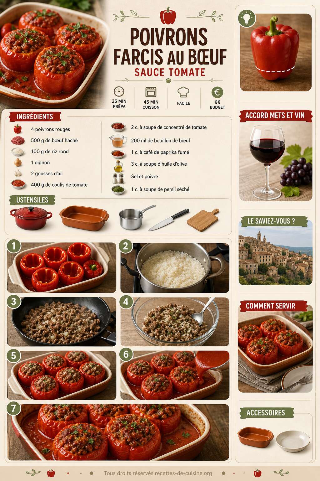 Fiche recette Recette de poivrons farcis au b&oelig;uf sauce tomate