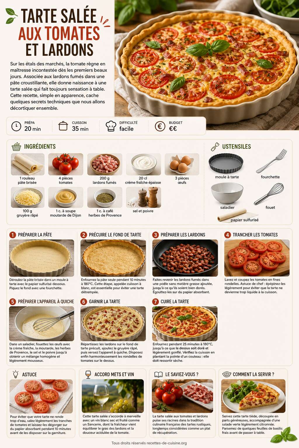 Fiche recette Recette de tarte salée aux tomates et lardons Fiche recette Recette de tarte salée aux tomates et lardons