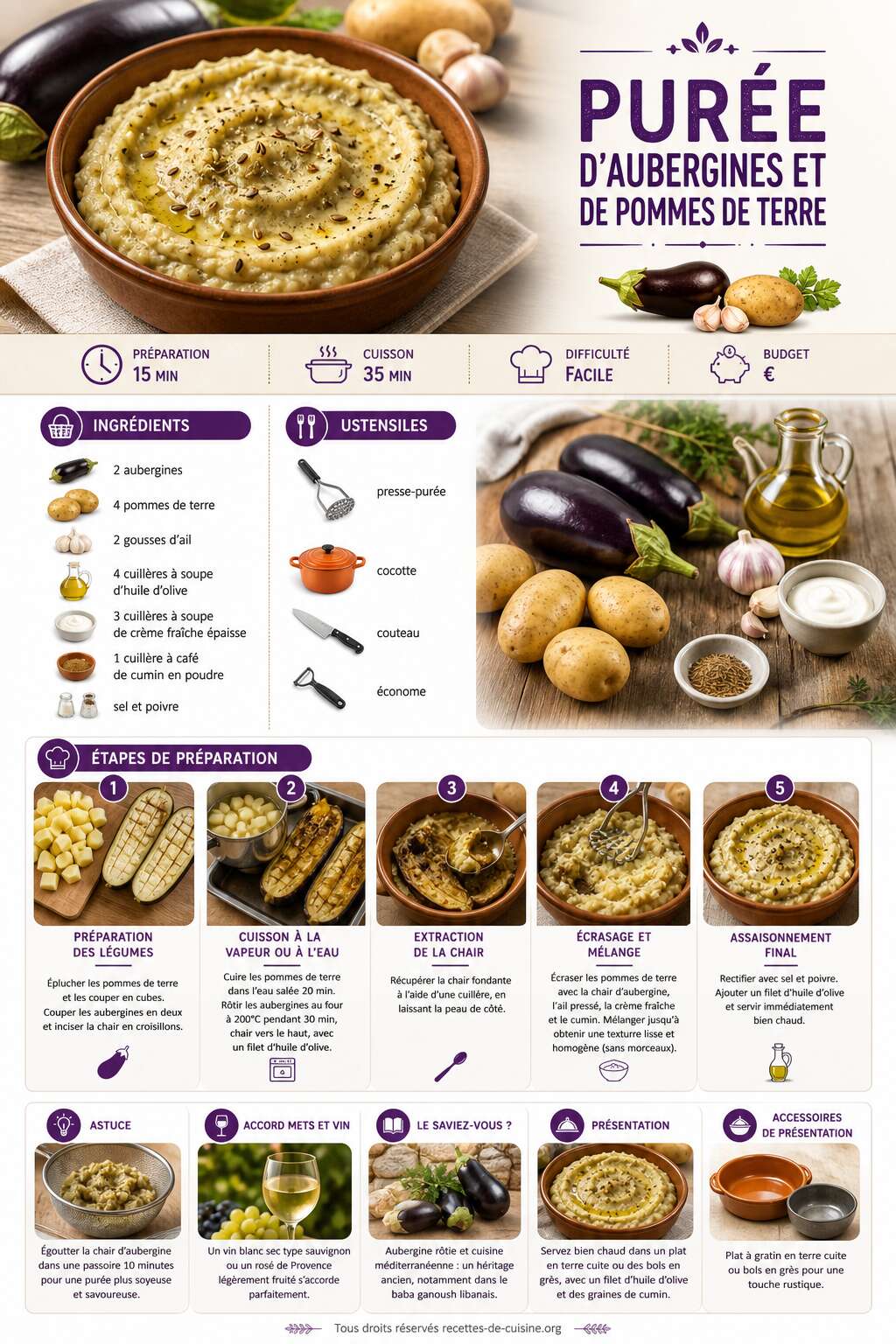 Fiche recette Recette facile de purée d'aubergines et de pommes de terre Fiche recette Recette facile de purée d'aubergines et de pommes de terre