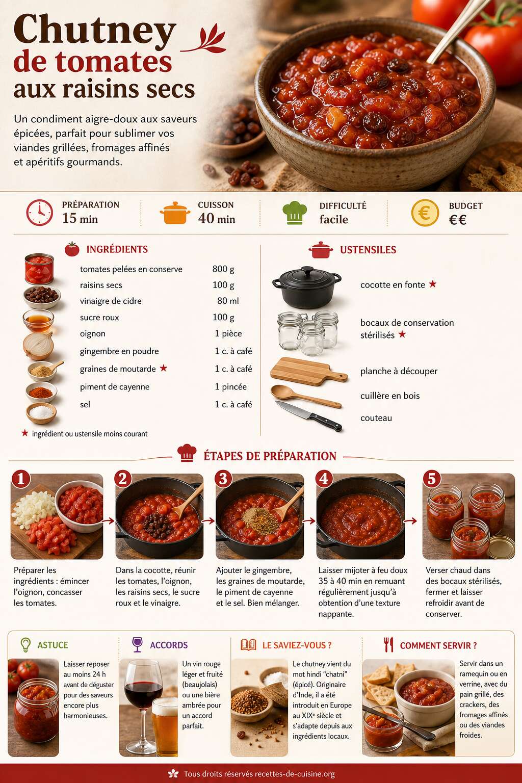 Fiche recette Recette de chutney de tomates aux raisins secs