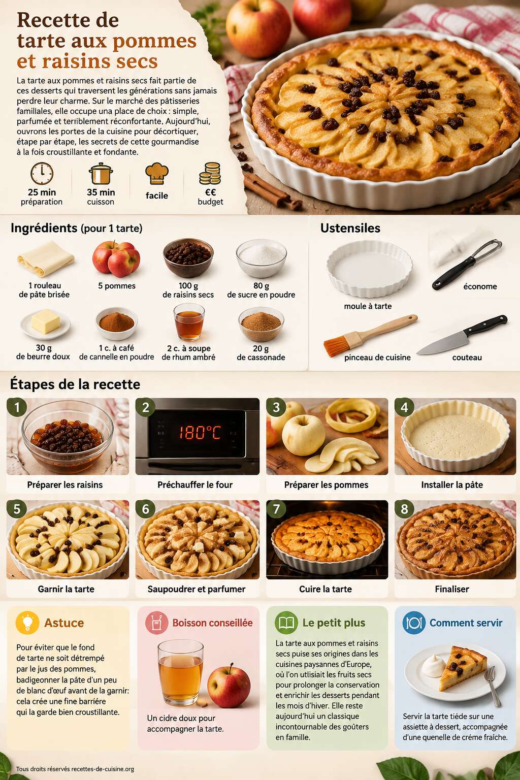 Fiche recette Recette de tarte aux pommes et raisins secs Fiche recette Recette de tarte aux pommes et raisins secs