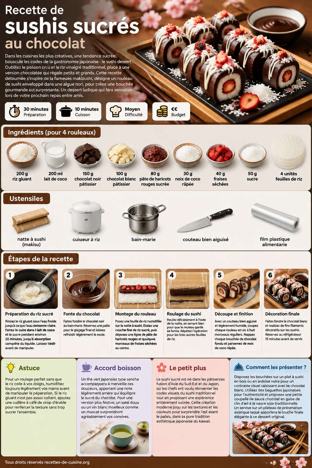 Fiche recette Recette de sushis sucr&eacute;s au chocolat